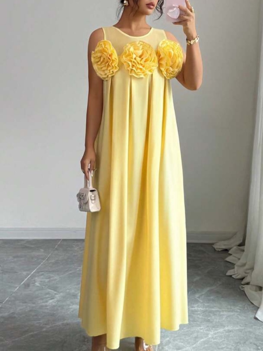 Sunny Yellow Maxi Dress with Floral Rosette Detail